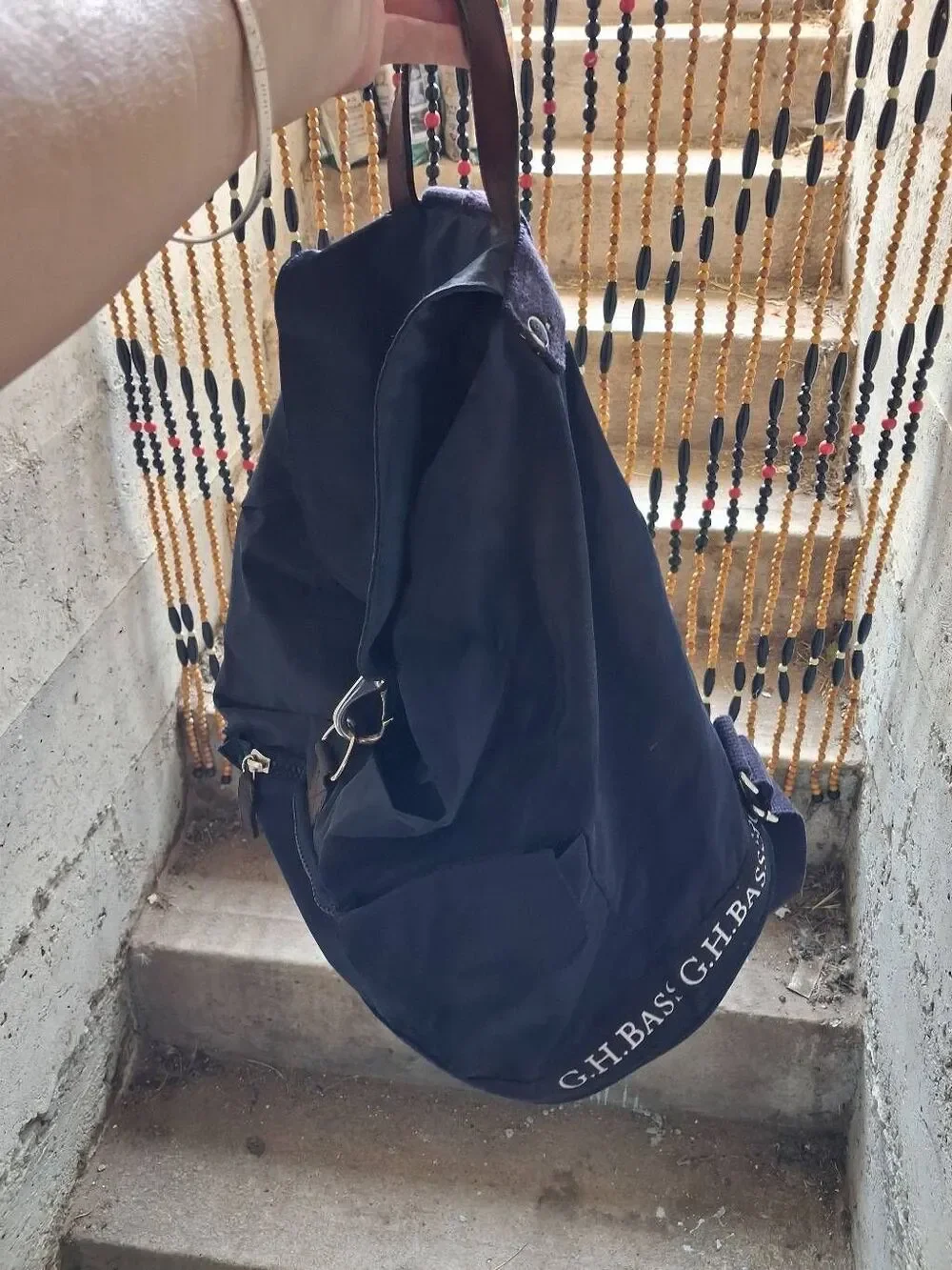 G.H bass nylon rucksack navy / brown leather trim